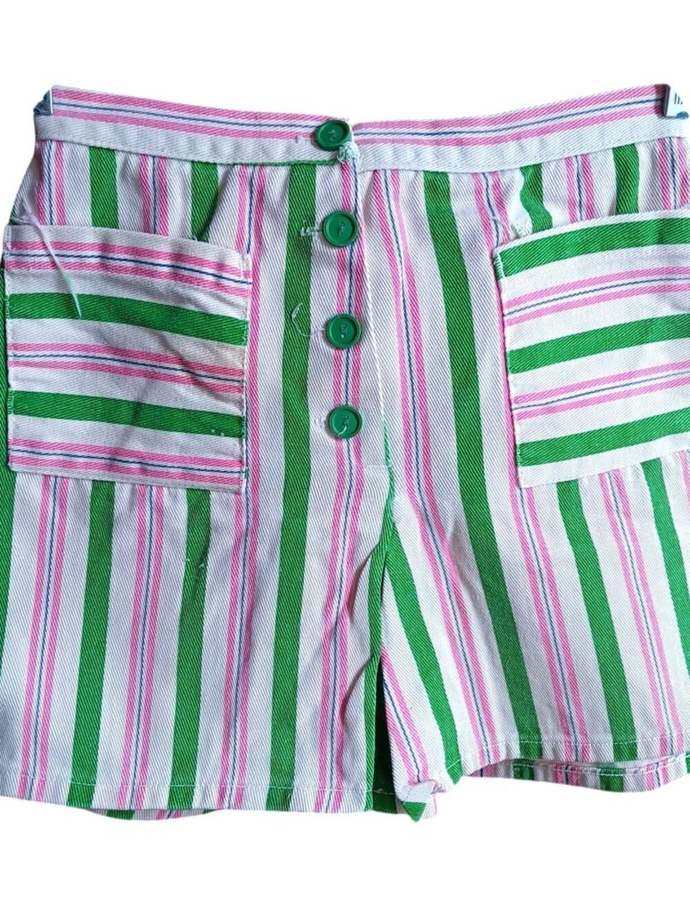 True Vintage Shorts 22" 22W 1960's Green Pink Striped High-Waisted Buttonfly